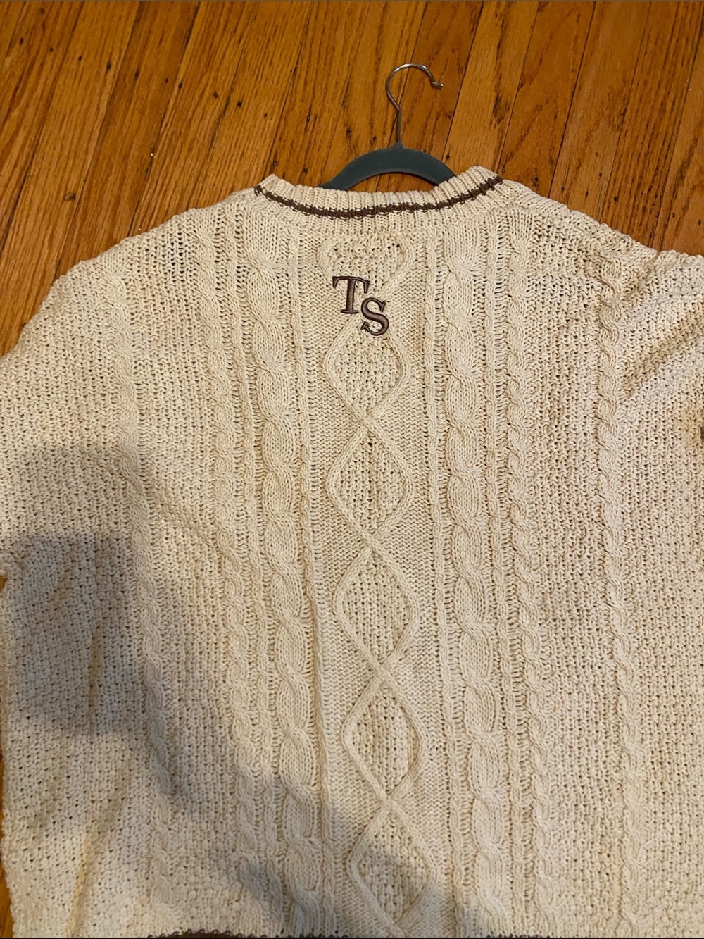 TS Cream Cardigan with Brown Trim and Star Elbow Patches NWOT - Picture 5 of 5